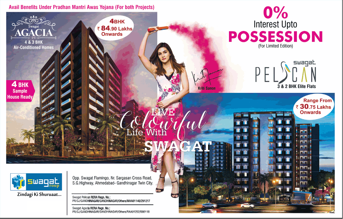 Pay 0% Interest upto possession at Swagat Agacia & Swagat Pelican in Ahmedabad Update